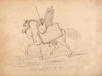 Cavallo carico di attrezzatura da artista